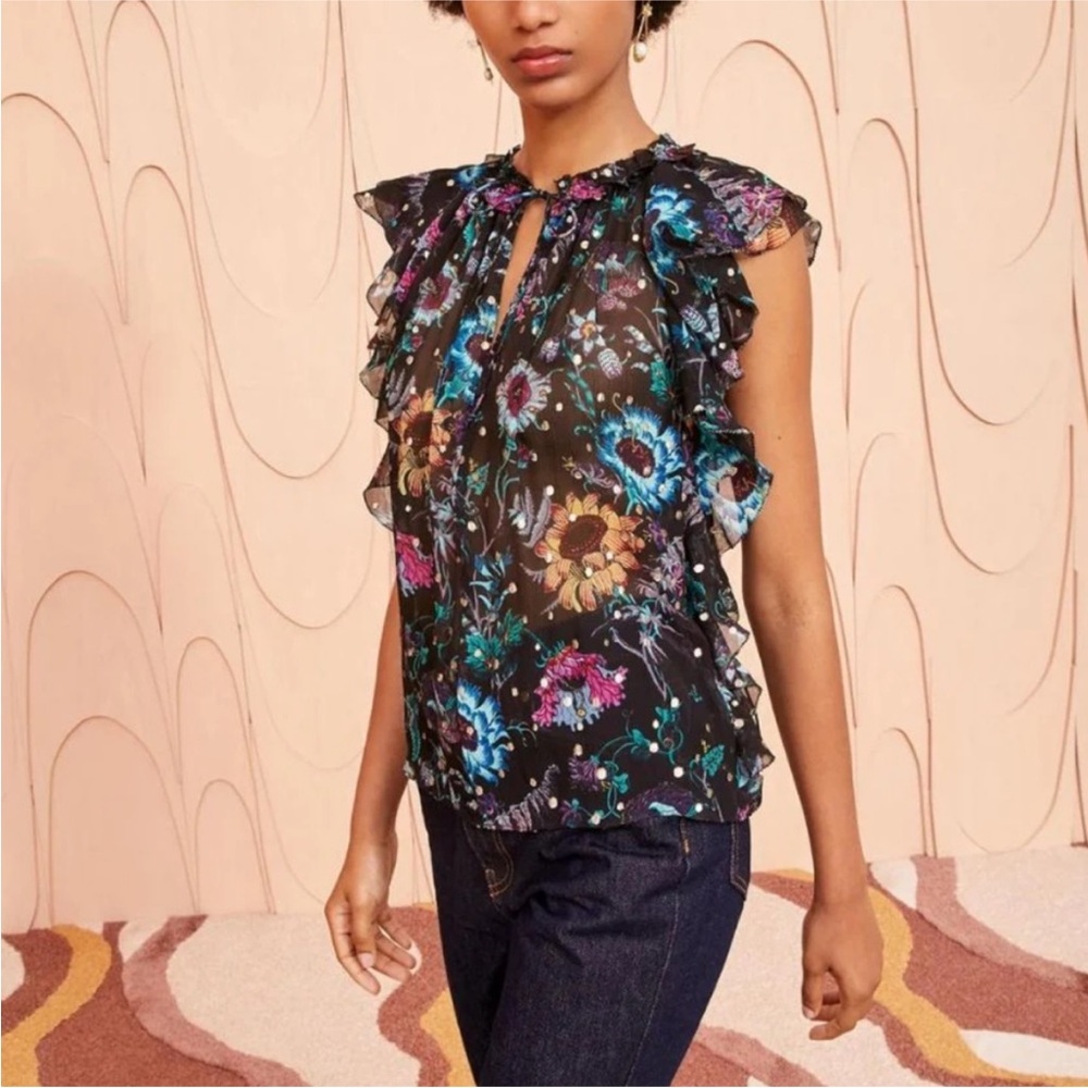 NEW Ulla Johnson Dominique Top Black Iris Floral Print Sheer‎ Silk Blouse Size 2